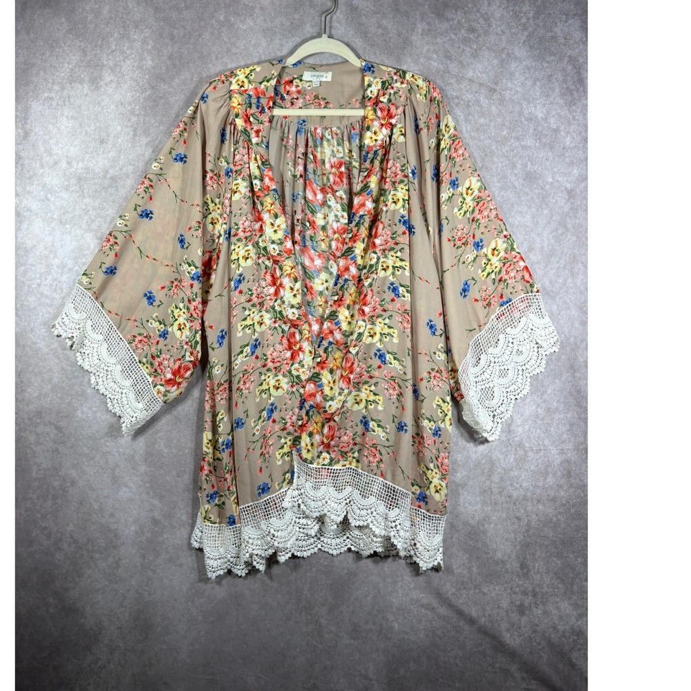 Umgee Kimono Women 1XL/2XL Tan Floral Boho Crochet Lace Trim Festival Cottage